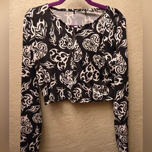 Y2K Tribal Heart Mesh Cardigan Top | Stretch Button-Up Long Sleeve